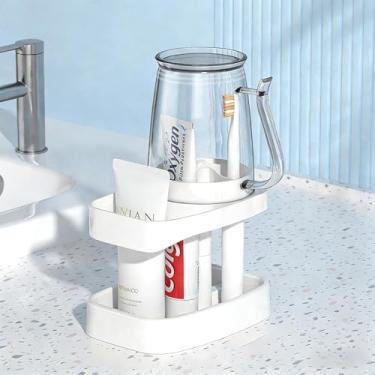 Imagem de Suporte de escova de dentes de banheiro, material plástico 4 compartimentos, conjunto de suportes de escova de dentes com copo de enxaguante bucal, para acessórios de bancada de banheiro, organizador