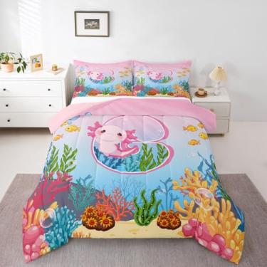 Imagem de Erosebridal Jogo de cama solteiro com desenho animado com letra G para meninas, lindo conjunto de edredom rosa axolote oceano salamandra desenho animado animal para crianças, adolescentes e adultos