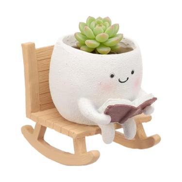 Imagem de Vaso de plantador Smily Face, cadeira de balanço, lindo vaso de plantas pequeno com orifício de drenagem, vaso de flores engraçado oscilante, plantador de cabeça de flor de resina exclusivo para