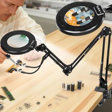 Imagem de KUVRS Lupa de 12 x com luz e grampo, lupa de mesa iluminada por LED de 3 seções, ferramenta de solda de terceira mão, escurecimento contínuo de 5 cores, clipe grande de 4 vias para reparo de bancada