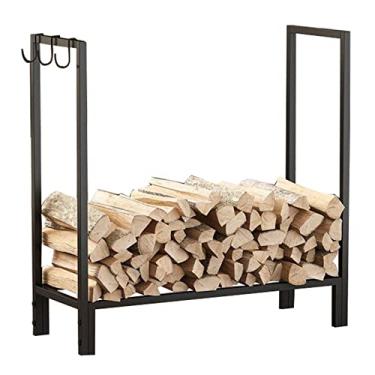 Imagem de pcagfaajmh Suporte de metal para lenha com 3 ganchos para uso externo, interno, preto, grande, suporte de armazenamento de tronco, quinta, acampamento, lareira retangular