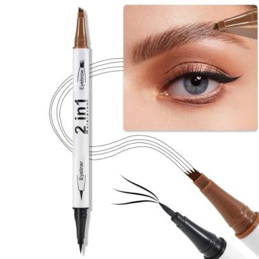 Imagem de Erinde Caneta de sobrancelha microblading impermeável 3D, lápis de tatuagem de contorno de sobrancelha com ponta de garfo, delineador de sobrancelha de ponta dupla 2 em 1, dura o dia todo, cria