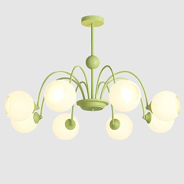 Imagem de Lustre Sputnik de meados do século XX com 8 lâmpadas, estilo nórdico moderno, com globo verde, para ilha de cozinha, luminária de teto em vidro leitoso, lustre vintage industrial.