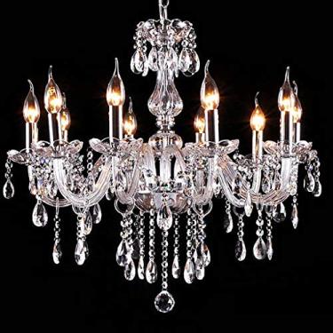 Imagem de Lustre de cristal K9 com iluminação LED, 60 cm de diâmetro, 6 braços, 15 prismas de acabamento, lustre de cristal LED para teto, luminária pendente para sala de estar e sala de jantar.