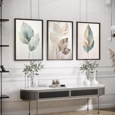 Imagem de 3 peças de arte de parede de folha botânica verde sálvia impressões em tela abstratas para decoração de sala de estar com moldura interna de madeira