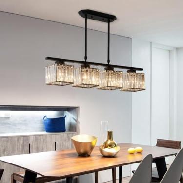 Imagem de Lustre de cristal com 4 lâmpadas, soquete E27, luminária de teto moderna com estrutura quadrada | Luminárias pendentes para sala de jantar estilo fazenda, ilha de cozinha, hall de entrada, s