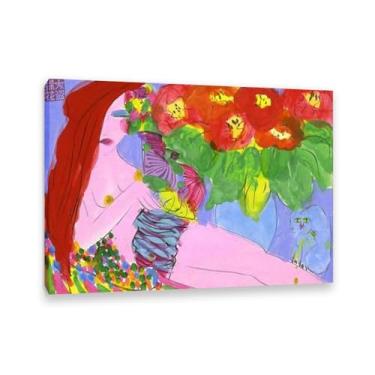 Imagem de Walasse Ting Impressão de arte em tela Still Waiting For You Rooster Famosa reprodução de pintura floral feminina colorida grande decoração de parede para quarto Moldura de 100 x 70 cm (83.8x71.1 cm)