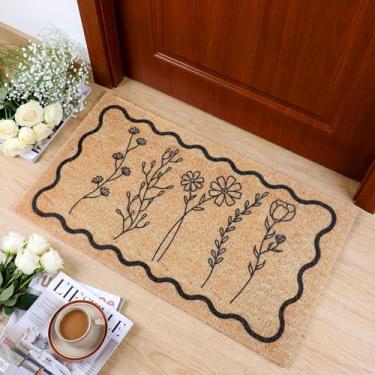 Imagem de Dunzy Tapete de flores silvestres flores silvestres bem-vindas, imitação de coco, tapete para porta da frente, antiderrapante, tapete decorativo para entrada interna e externa de casa