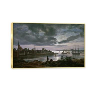 Imagem de NHLDZYH Moldura dourada. Pintura a óleo de paisagem romântica norueguesa famosa, J.C. Dahl, cópia de pintura a óleo clássica emoldurada para sala de estar ou escritório. (Paisagem 35). 80 x 130 cm.