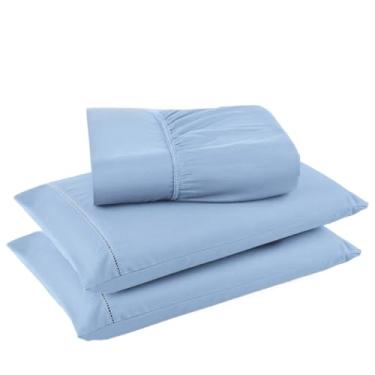 Imagem de Jogo De Lençol Com 3 Peças, Fronha Com Ponto Palito, Tecido Suave(Azul bebê,Casal)
