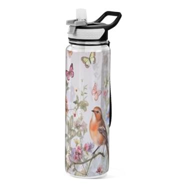 Imagem de Burbuja Garrafa de água vintage Bird Flowers de 940 ml com tampa de palha, à prova de vazamento e livre de BPA para academia, esportes ao ar livre