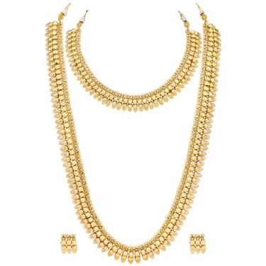 Imagem de Aheli Conjunto de colares e brincos longos de gargantilha tradicional banhado a ouro Maharani Haar Conjunto de joias presente para mulheres, Onesize, Metal, Sem Pedra Preciosa