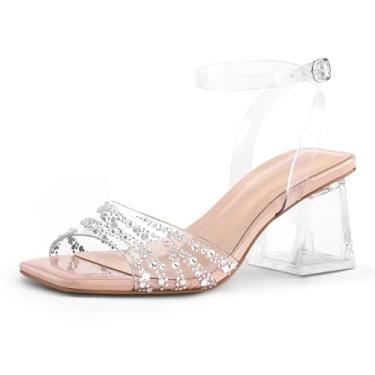 Imagem de mysoft Sandálias femininas de salto grosso, salto baixo, bico aberto, zebra, transparente, strass, salto bloco, tira no tornozelo, Strass Nude, 37