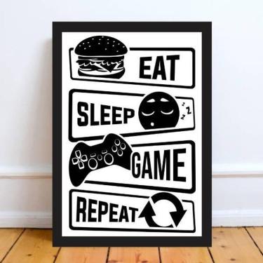 Imagem de Quadro Eat Sleep Game Repeat 24X18 Com Vidro - Madeira Preta