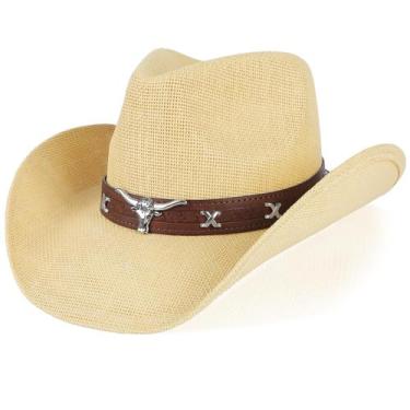 Imagem de Chapéu de cowboy WQWOVRVO Wide Brim Straw para mulheres/homens bege