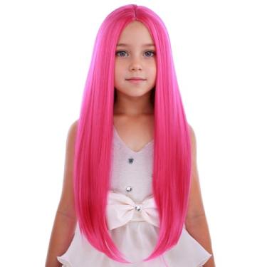 Imagem de PATTNIUM Peruca infantil rosa choque longa reta rosa peruca feminina cabelo magenta rosa neon perucas longas parte média perucas sintéticas
