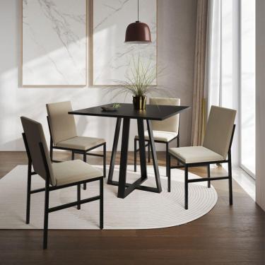 Imagem de Conjunto De Jantar Mesa Mônaco 90cm Tampo Preto Com 4 Cadeiras Estofadas Bege Preto