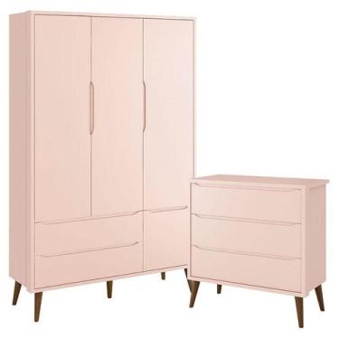 Imagem de Cômoda Infantil Gaveteiro e Guarda Roupa 3 Portas Theo Rosa com Pés Am