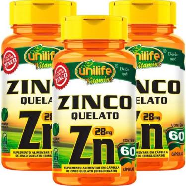 Imagem de KIT C/3 Un.  Zinco Quelato Puro 28mg Vegan  60 Cápsulas Unilife , sem 