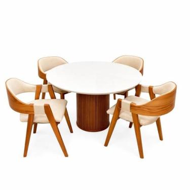 Imagem de Mesa de Jantar Dara 110cm Redonda com Vidro e 4 Cadeiras Perola em Lin