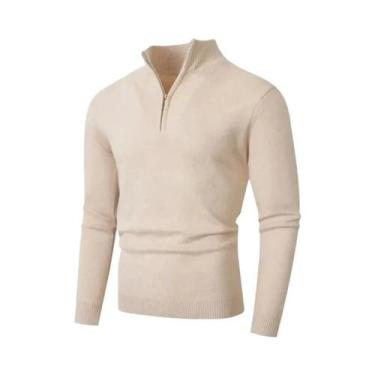 Imagem de Suéter Masculino Leve De Lã Com Zíper, Gola Alta, Casual, Cor Sólida, 