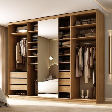 Imagem de Closet Casal 100% Mdf Bp 277cm com 1 Porta Espelho 6 Gavetas Essen Nogueira