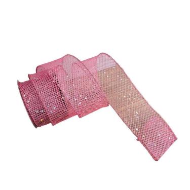 Imagem de Fita Aramada Decorativa Telinha Rosa em Tecido e Arame 9.14m X 6.30cm Rosa Tok da Casa