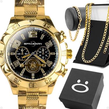 Imagem de Relógio Masculino Spaceman Analógico com Pulseira em Aço Inox Resistente à Água Dourado Kit com Correntes e Caixa