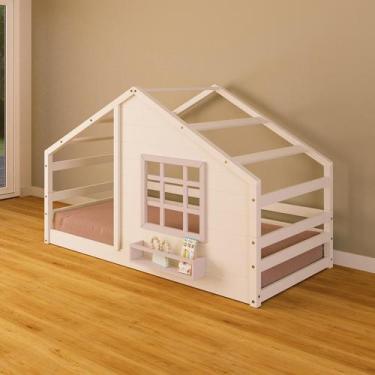 Imagem de Cama Montessoriano Casinha com Janela Madeira Maciça Branco/Rosa Housi