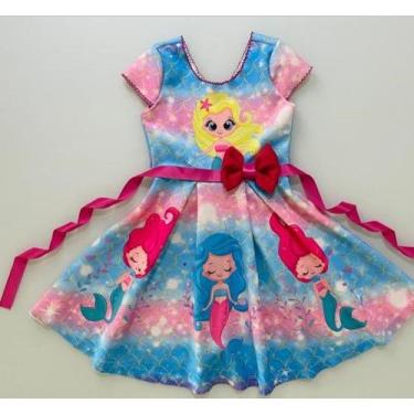 Imagem de Vestido Festa Princesa Sereia Ariel Azul E Rosa Com Laço Tecido Neopre