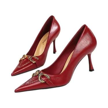 Imagem de Sapatos De Salto Alto Vermelho Vinho De 8cm Para Mulheres, Com Ponta F