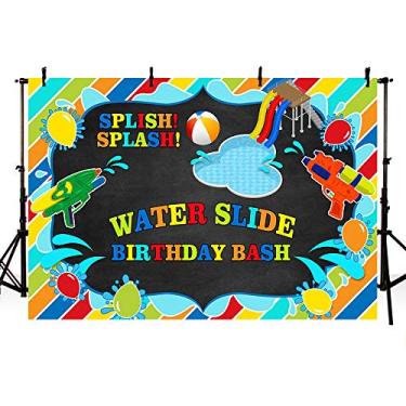 Imagem de MEHOFOND Pano de fundo de aniversário para meninos com tema de água Splish Splash Quadro-negro festa verão bolas de piscina fundo de pistola de água fotografia estande de foto para artigos de mesa de bolo, 2,1 x 1,5 m
