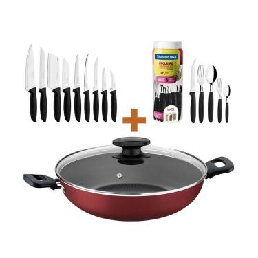 Imagem de KIT - Panela Wok Alumínio 28Cm + 1 Faqueiro 30pç + 1 Conjunto Facas 9pç - Tramontina