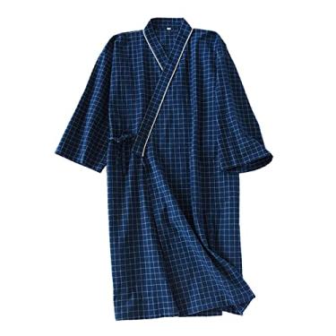 Imagem de Camisola xadrez masculina de algodão quimono gola gaze roupão de banho roupão de spa adulto quimono roupa de dormir,Navy,M