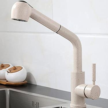 Imagem de Torneira de pia de cozinha preta misturador de água quente e fria guindaste elevador para cima e para baixo 360 graus pull out torneiras de água escovado branco cromado, 5