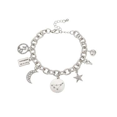 Imagem de Madison Tyler Coleção Personalization - Pulseira feminina banhada a ouro com símbolo da constelação do zodíaco, placa de nome, lua, constelação, estrela e pedra, 7 5 inch, Zircônia cúbica genuína, Zircônia cúbica genuína