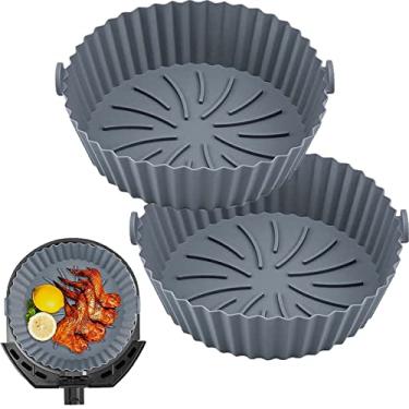 Imagem de 2 peças Air Fryer panela de silicone reutilizáveis forros para fritadeira a ar de 20 cm cesta de fritadeira a ar resistente ao calor panela de silicone redonda acessórios para fritadeira de ar acessórios de substituição para forno micro-ondas (cinza)