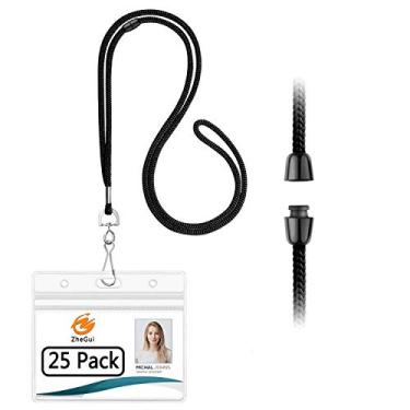 Imagem de Talabarte de segurança com suporte de ID Suporte de crachá horizontal de plástico transparente e talabartes de segurança (pacote de 25, preto acetinado)