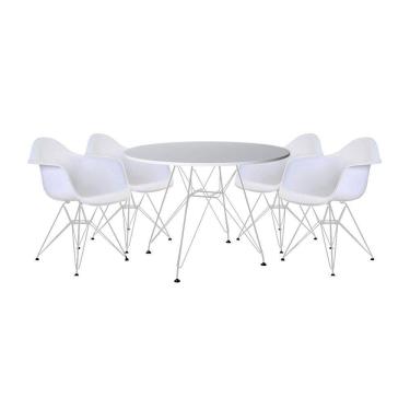 Imagem de Mesa de Jantar Eames Eiffel Redonda Branca 90cm com 4 Poltronas Brancas Ferro Branco