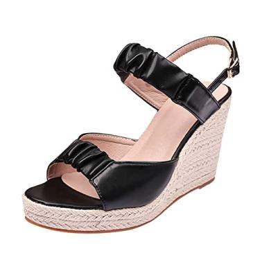 Imagem de Sandálias de cunha para mulheres verão cunhas transparentes chinelos de palha sapatos de tecido de palha tamanho grande salto ultra alto casual (preto, 35)