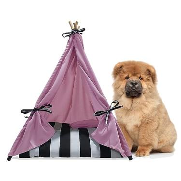 Imagem de Cabana Oca de Indio para Cachorro Tenda Madeira Colchão Listrado Tamanho G 85x105cm Rosa Claro Pet Best Soluções