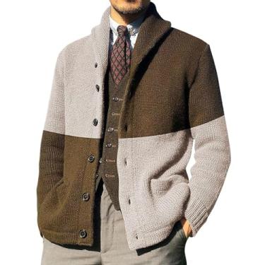 Imagem de Suéter masculino tendência outono inverno cardigã cor combinando botão manga longa malha suéter cardigã, Bege, Medium