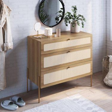 Imagem de Cômoda 3 Gavetas Palhinha Pé Metal Dourado Oslo Artesano Hanover/Dourado