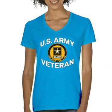 Imagem de Camiseta feminina US Army Veteran Soldier for Life com gola V orgulho militar DD 214 Patriotic Armed Forces Gear Licenciada, Turquesa, GG