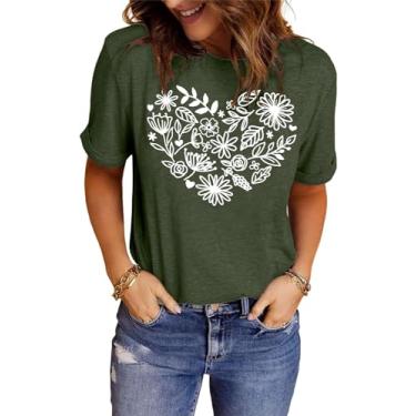 Imagem de Camiseta feminina com estampa floral floral floral de manga curta e flores silvestres, Verde militar, XG