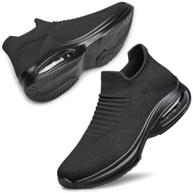 Imagem de DOUSSPRT Sapatos de caminhada femininos meias casuais femininas moda tênis confortável plataforma de almofada de ar, Allblack, 6