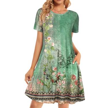 Imagem de Vestidos femininos de verão camiseta casual de praia plus size floral manga curta soltos vestidos soltos, Flores verdes, GG