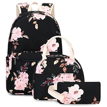 Imagem de Bluboon Conjunto de mochila escolar para meninas e mulheres, bolsa de livros, casual, para laptop de 15 polegadas com lancheira e bolsa de lápis, Rosa, preto, X-Large, 12 Meses