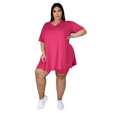 Imagem de Tycorwd Conjuntos femininos plus size de duas peças conjuntos de roupas de verão camisetas grandes shorts conjuntos de moletom, Vermelho rosa, 3X-Large Plus