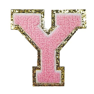 Imagem de Zogify Remendos de letras de ferro com glitter dourado e chenill rosa, 3 peças de adesivos universitários, adesivo adesivo para decoração de fantasia de equipe, 7,9 cm de altura Y